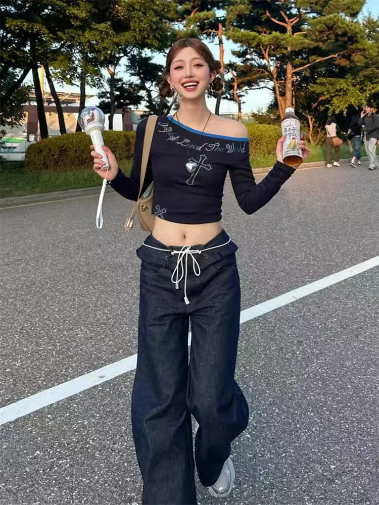

American Style Low Waist Banana Knife Jeans Women's Spring Autumn Loose Slimming Long Scythe Pants Floor Length Cuffed Jeans
