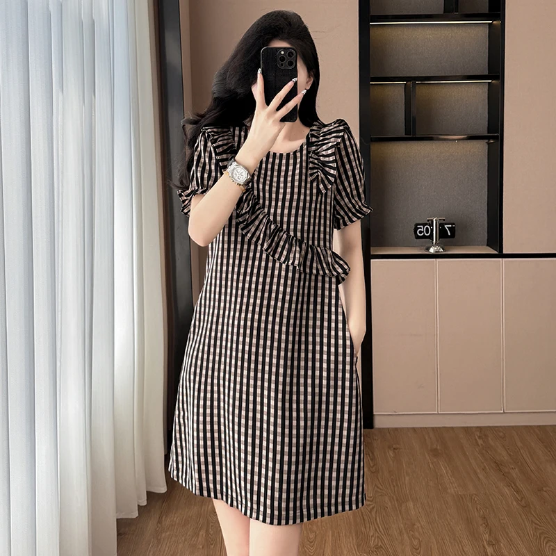 

Summer Plaid A-Line Dress Women's Short Sleeve Elegant Style Dress Cotton Polyester Blend Casual Wear round Neck Dress