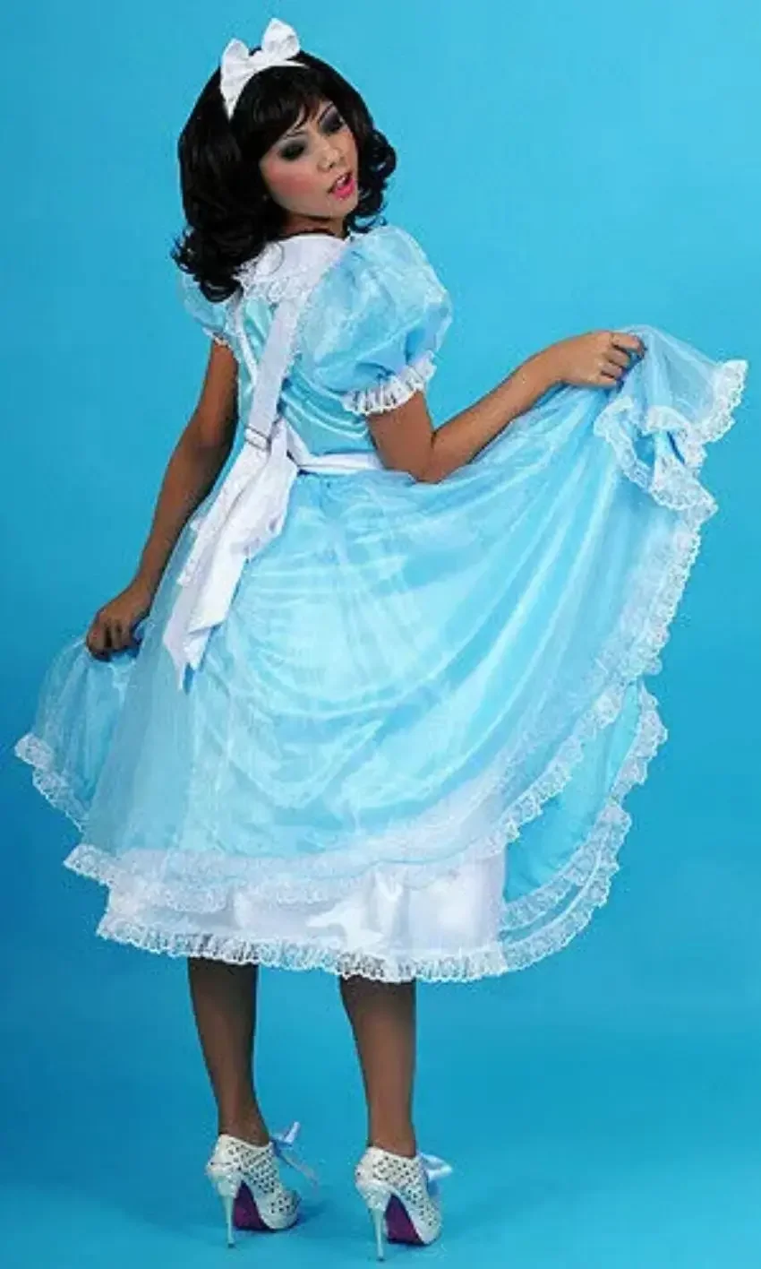 

Cosplay Sissy Girl Blue Satin Maid Lockable Dress Role Play Costume Tailor Production