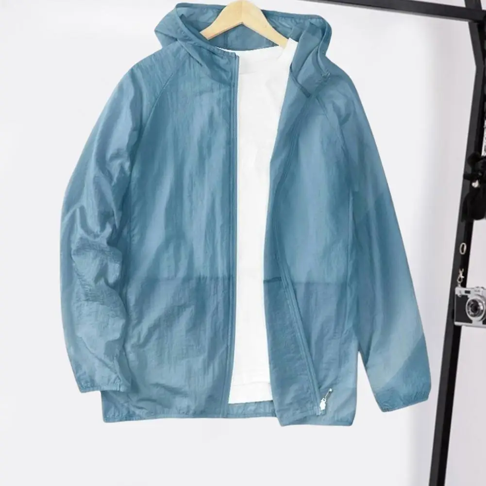 

Summer 2025 Men Sunscreen Coat Thin Zipper Closure Solid Color Sports Sun Protection Hooded Outdoor Jacket
