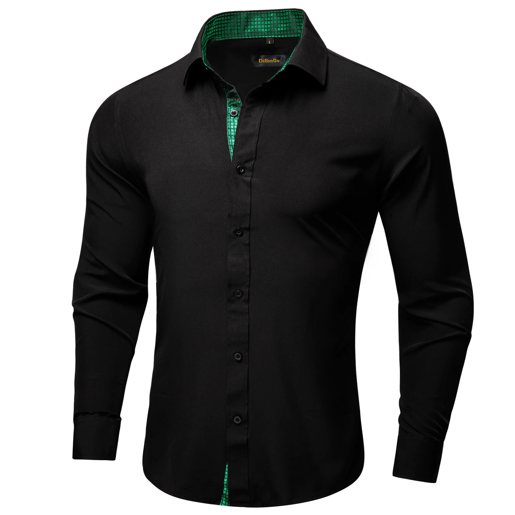 Black Solid Men's Shirt Long Sleeve with Golden Color Collar Pin Casual Social Buinesss Dress Shirts for Party Men Clothing