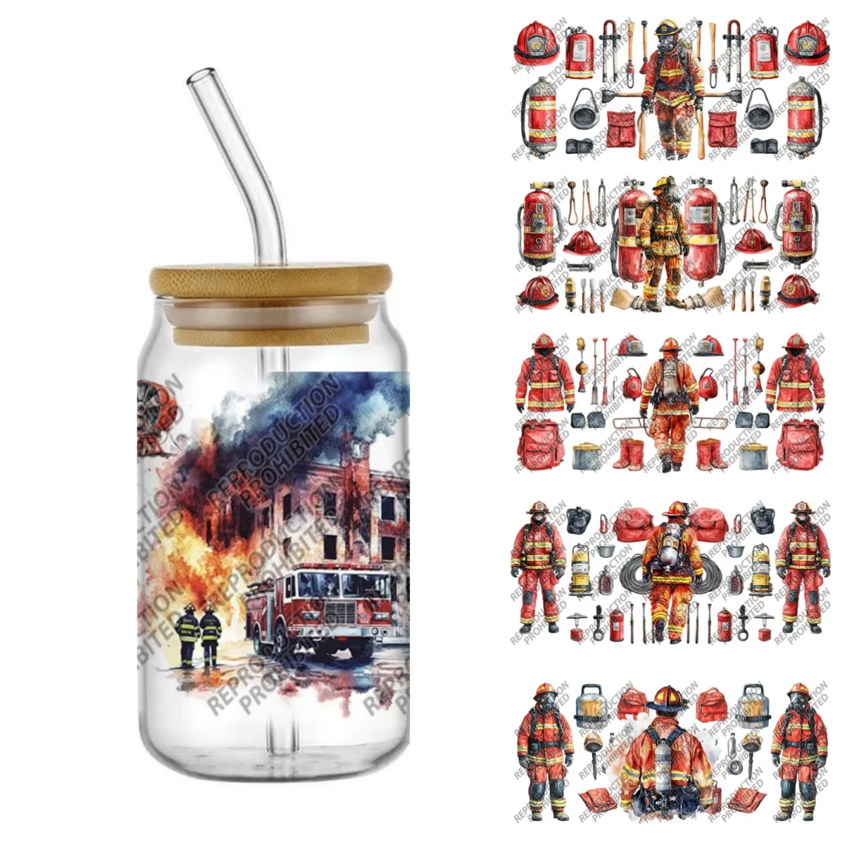 Firefighter hero Design UV DTF Cups Wrap Sticker DIY Label Transfer Sticker Waterproof Green Drink Dessert Patter Decals
