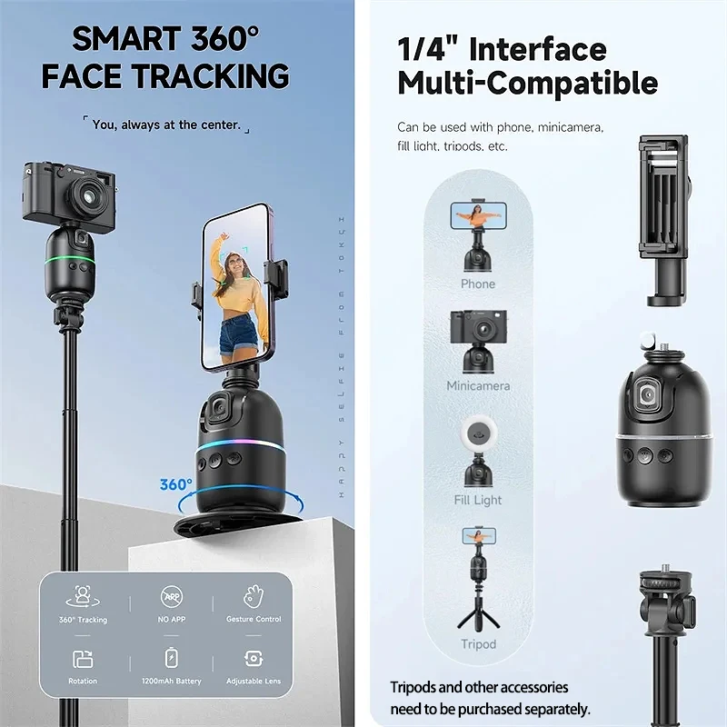 Auto Face Tracking Phone Holder with 360° Rotation,No app required,,Smart selfie gimbal stabilizer, Suitable for Live Broadcast