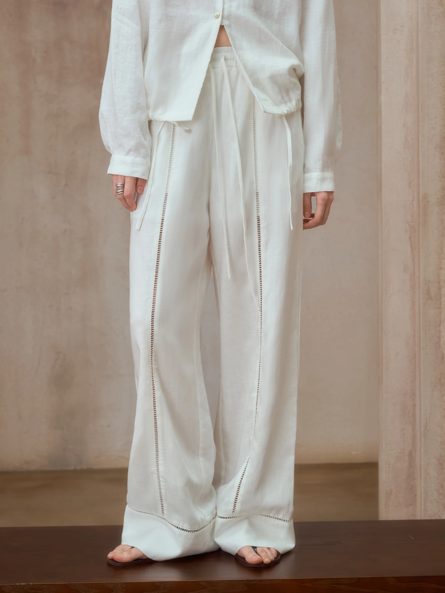 Linen Casual Pants Women Hollow out Wide Leg Pants Holiday Commute Bell Bottoms High Waist Ropa De Mujer Moda Casual