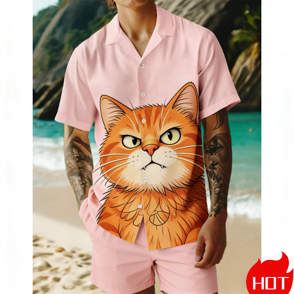 2 Piece/Set Lapel Short Sleeve Men's Sportswear Drawstring Funny Caveman Full Print Shirt Loose Shorts Sweatshirt Men's Hawaii ﻿