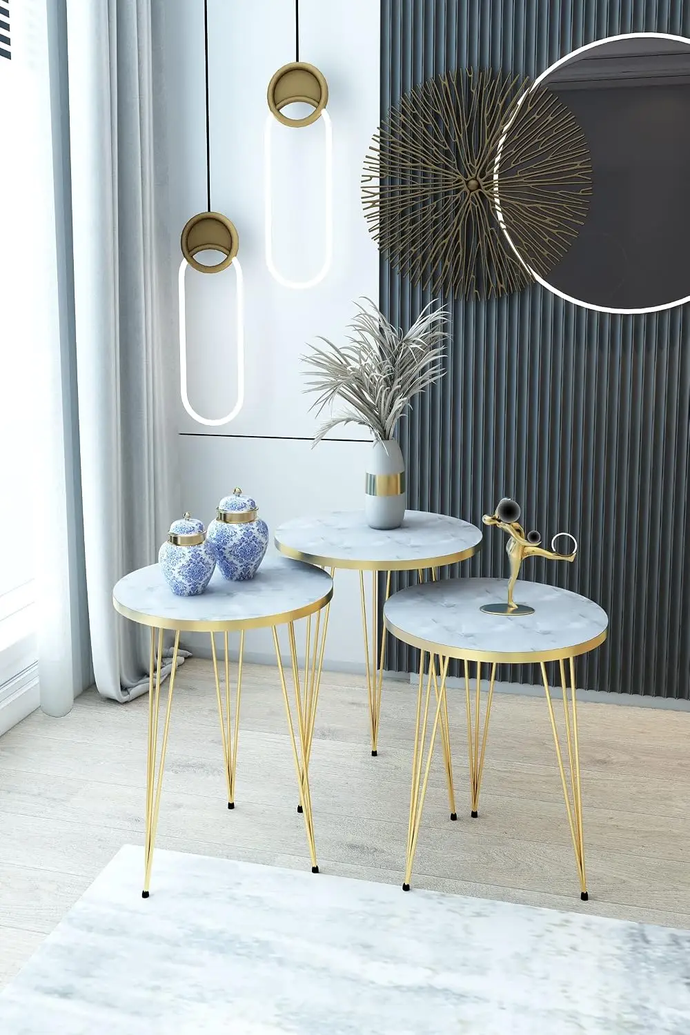White Marble Nesting End Tables Round Wood Stacking Coffee Side Table Gold Metal Legs Living Room Bedroom Nightstand, Customized