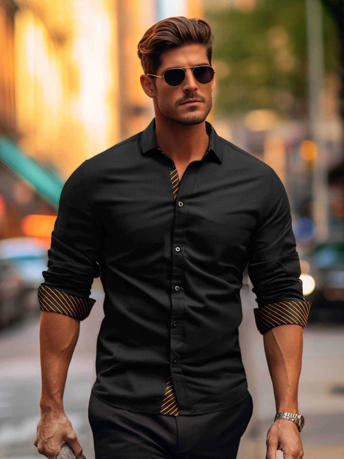 

Basic Solid Shirt with Contrast Spliced Collar Comfortable All Season Daily Wear