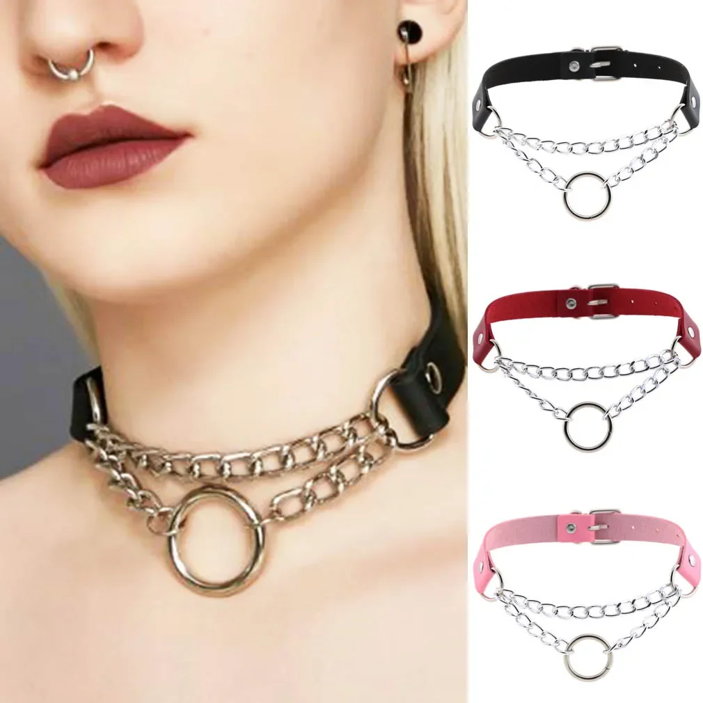 Punk Gothic Rock and roll Personality Fashion Chain Circle Multicolored Leather Stainless steel Necklace Clavicle chain