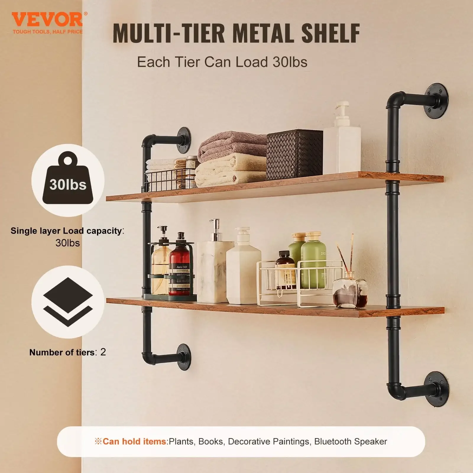 

Industrial Pipe Shelf 2 Tier 48x 9.84in Wall-Mount for Kitchen Bedroom