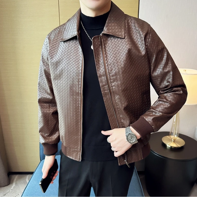 High Quality Woven Leather Jacket for Men Autumn Winter Lapel Casual Business Motorcycle Jacket Streetwear Social Overcoat 2023