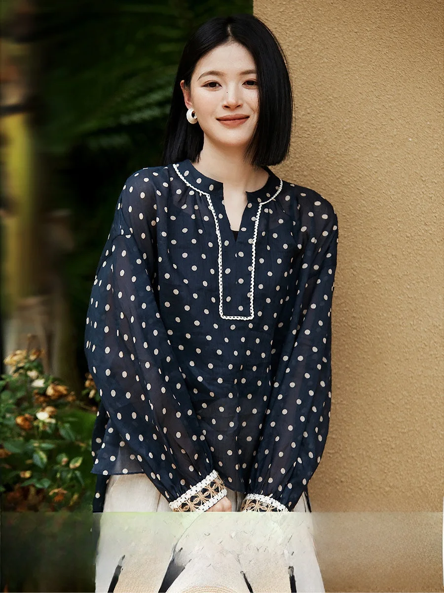 

Spring New Style Women's Loose Long Sleeve Shirt Xhange Danube River Polka Dot Print Flax Material Comfortable Top for Busine...