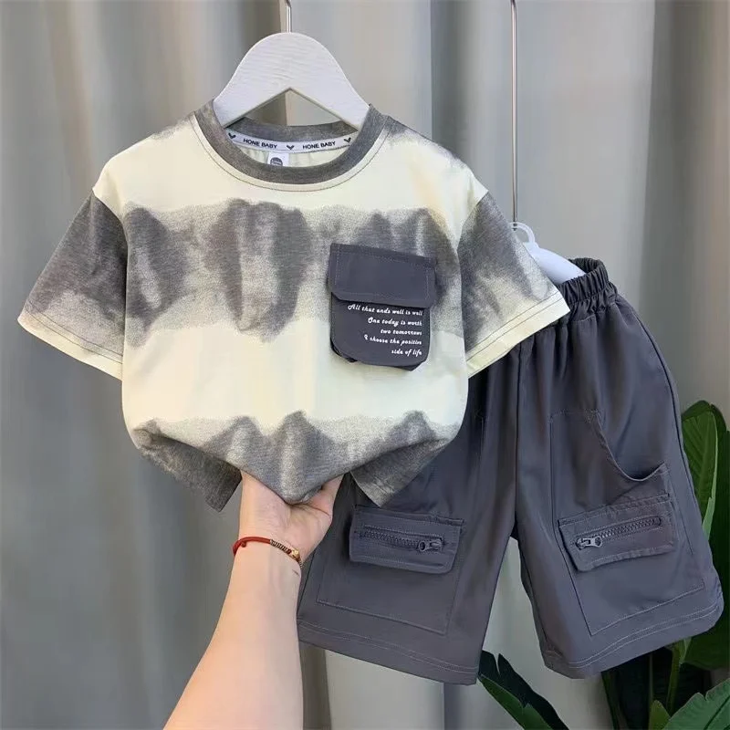 Boys Summer Short Sleeve Fashion Set Kids Pullover Shirt+Pocket Shorts 2pcs Boutique Baby Clothes Children 1-9 Year Sport Set