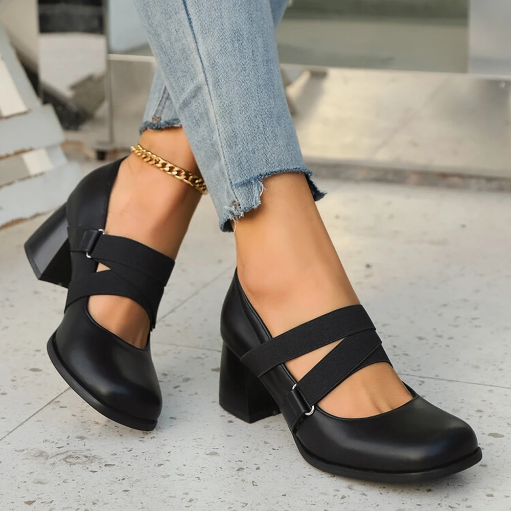 مثير موضة جديدة كعب خشن ماري جين النساء أحذية مريحة منصة الكعوب ساحة تو شريط مرن بسيط كبير الحجم 47 823-2
