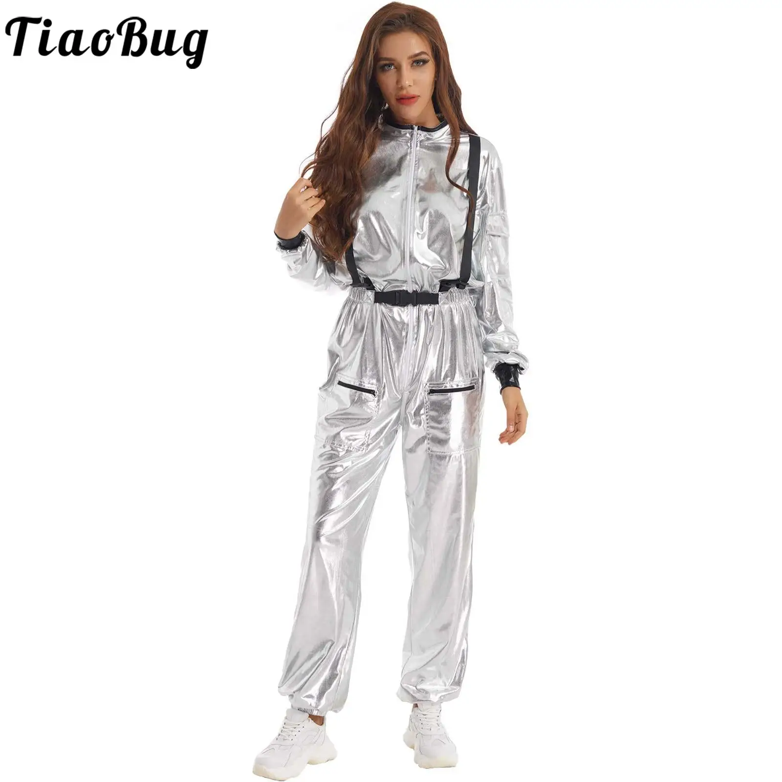 

Astronaut Alien Space Worker Cosplay Jumpsuit Women Shiny Long Sleeve Playsuits for Halloween Party Carnival Costume