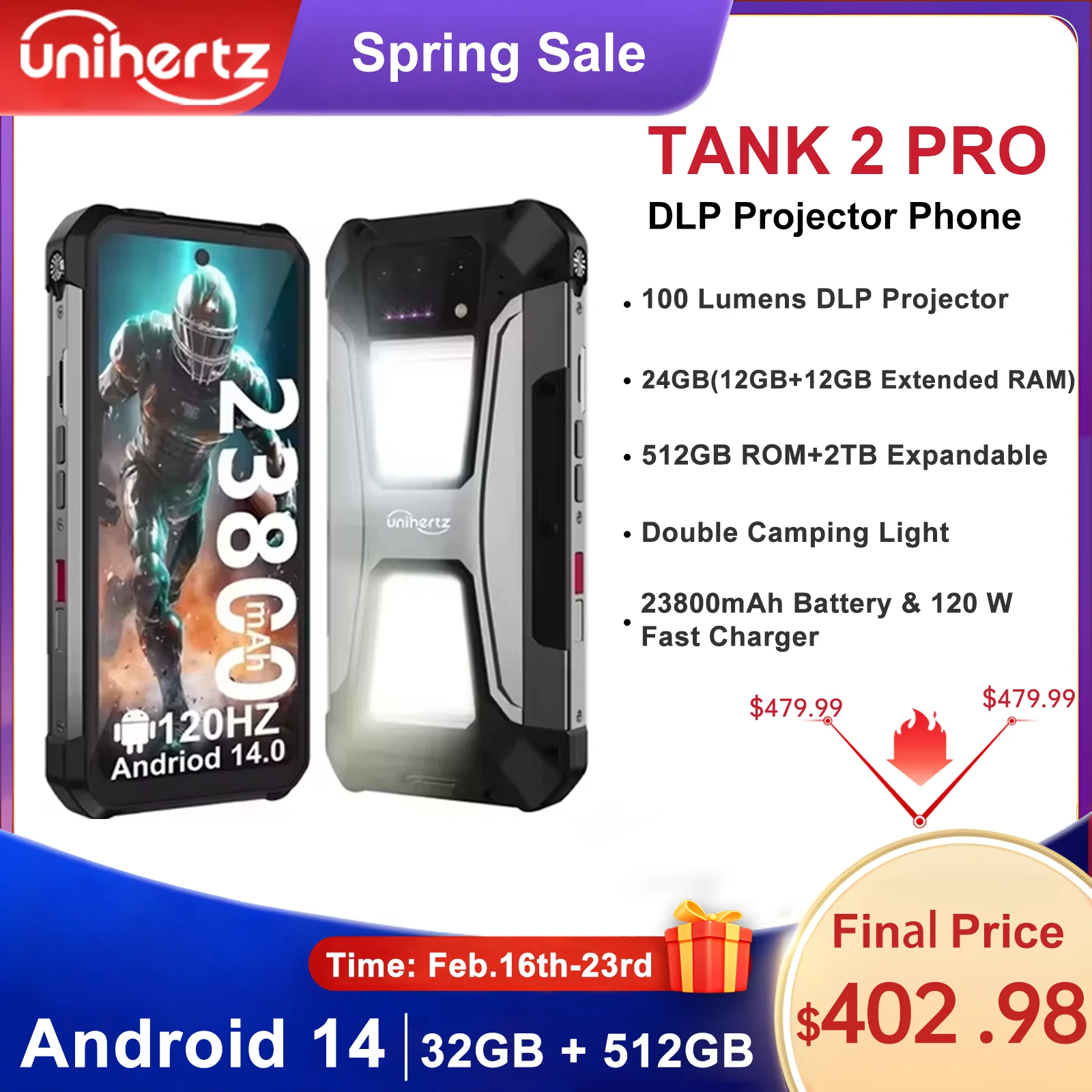 Telefono robusto Unihertz 8849 tank 2 Pro Android 14 24 GB 512 GB con batteria 23800 mAh proiezione superiore Telefono impermeabile FHD da 6,79 "