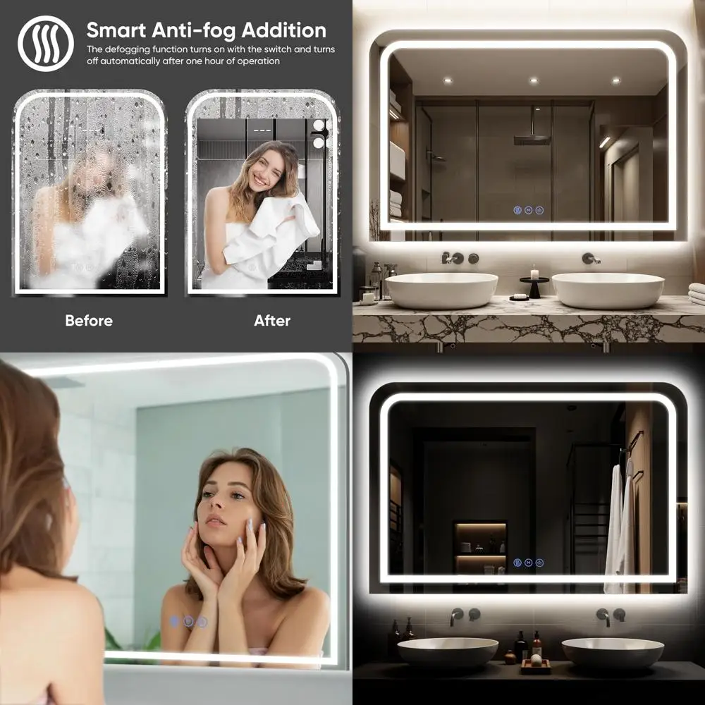 

Зеркало для макияжа с 48 светодиодами, закаленное стекло, защита от запотевания, регулировка яркости, 3 цветовые режима, функция памяти, белое