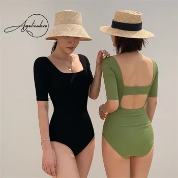 AGELICALOVE 여성용 스퀘어 칼라 반팔 패딩 수영복, 한국 스타일 원피스 수영복, 해변 모노키니
