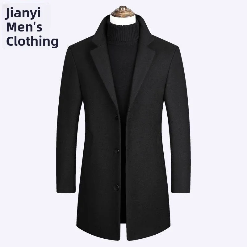 Casual Men's Woolen Coat Spring Autumn Winter Mid-Length Men's Windbreaker Slim Fit Middle-Aged Woolen Jaet M Woolen