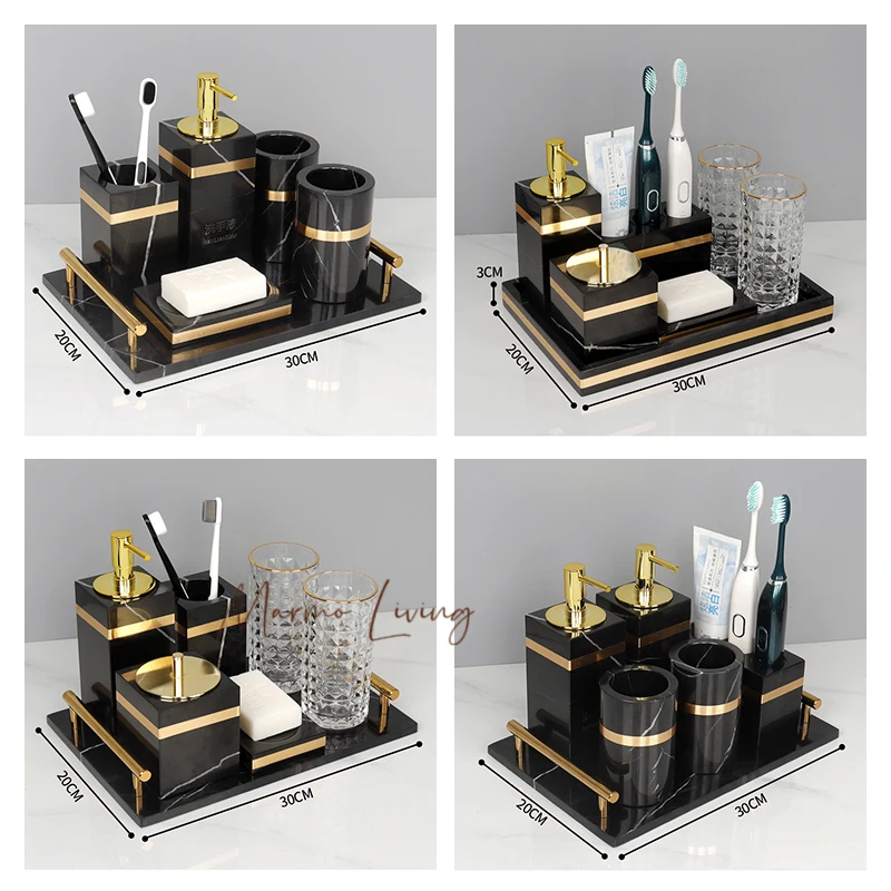 

Набор для ванной комнаты Nero Marquina из натурального мрамора, Золотая роскошная мыльница, держатель для зубных щеток, дозатор мыла, аксессуары для ванной комнаты