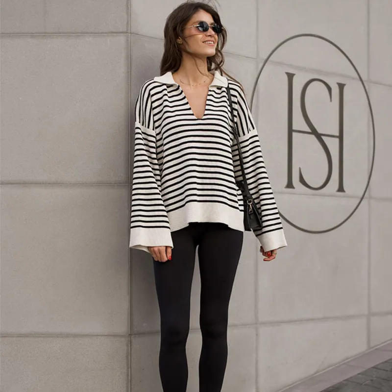 Talenza Herbst Neue frauen Mode Kragen Gestreiften Übergroßen Stricken Pullover Pullover Schwarz Casual Büro Dame Chic Weibliche Pullover