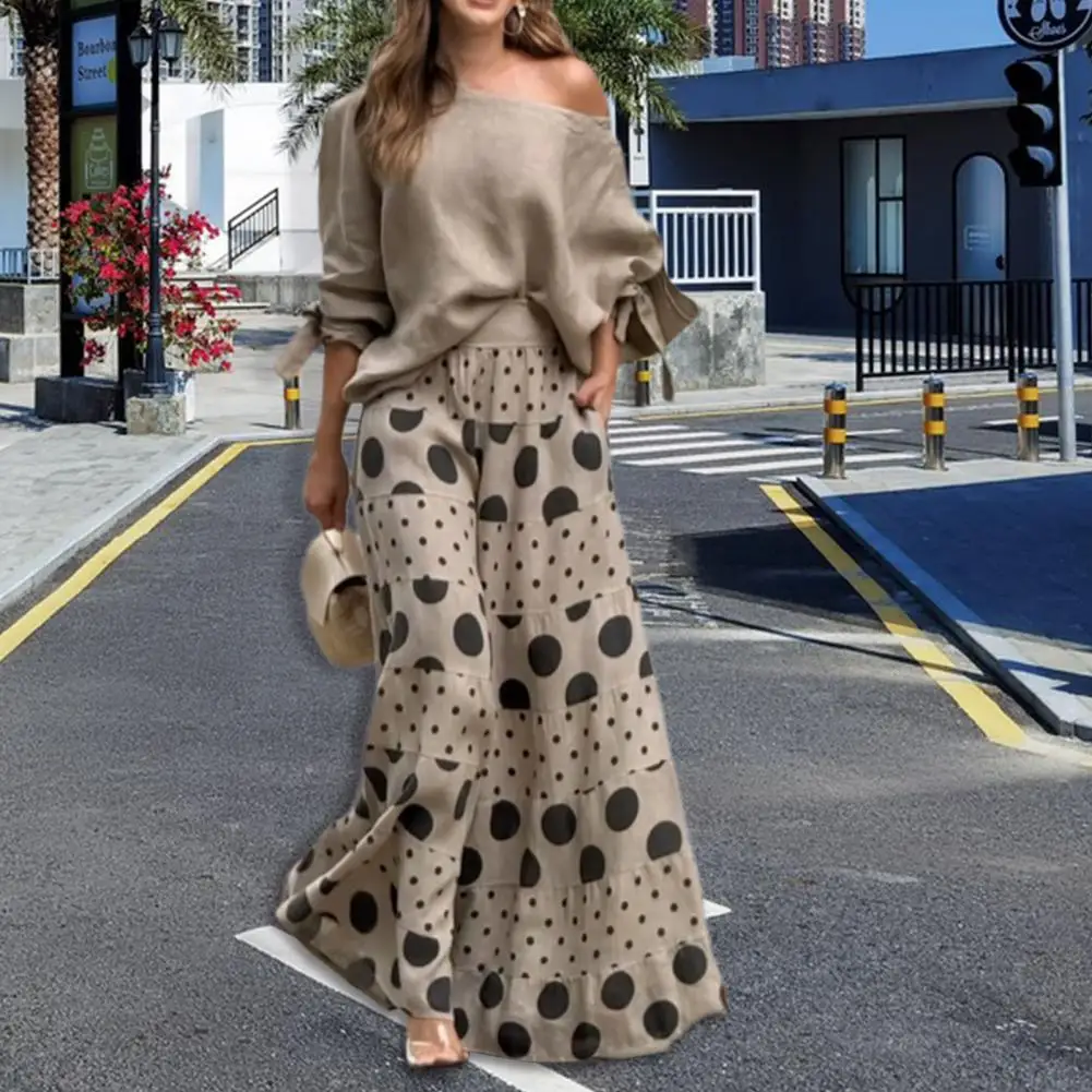 

Women Casual Suit Set Women's Casual Dating Outfit Slant Neck One Shoulder Top with Bow Cuff Detail Wide Leg Printed Trousers