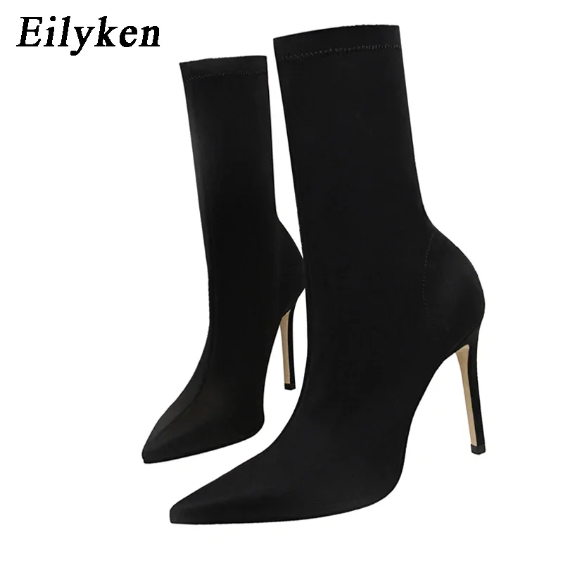 Eilyken 2024 New Fashion Stretch Fabric Women Ankle Boots Autumn Winter Female Pointed Toe Thin Heels Party Prom Socks Shoes