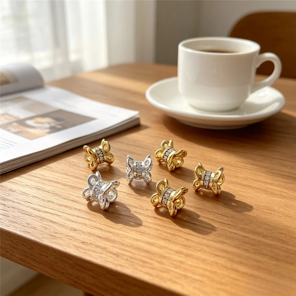 Copper 18K Gold & 14K Light Gold Plated Micro Pave Zircon Plum Blossom Double Layer Double Sided Bead Caps DIY Jewelry Findings