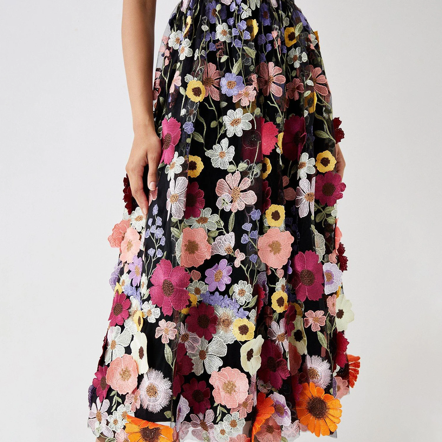 Customized Multi 3D Floral Midi Prom Gowns Black Blossom Wildflower Wide Straps Cami Tea Length Bloom Boho Evening Dress