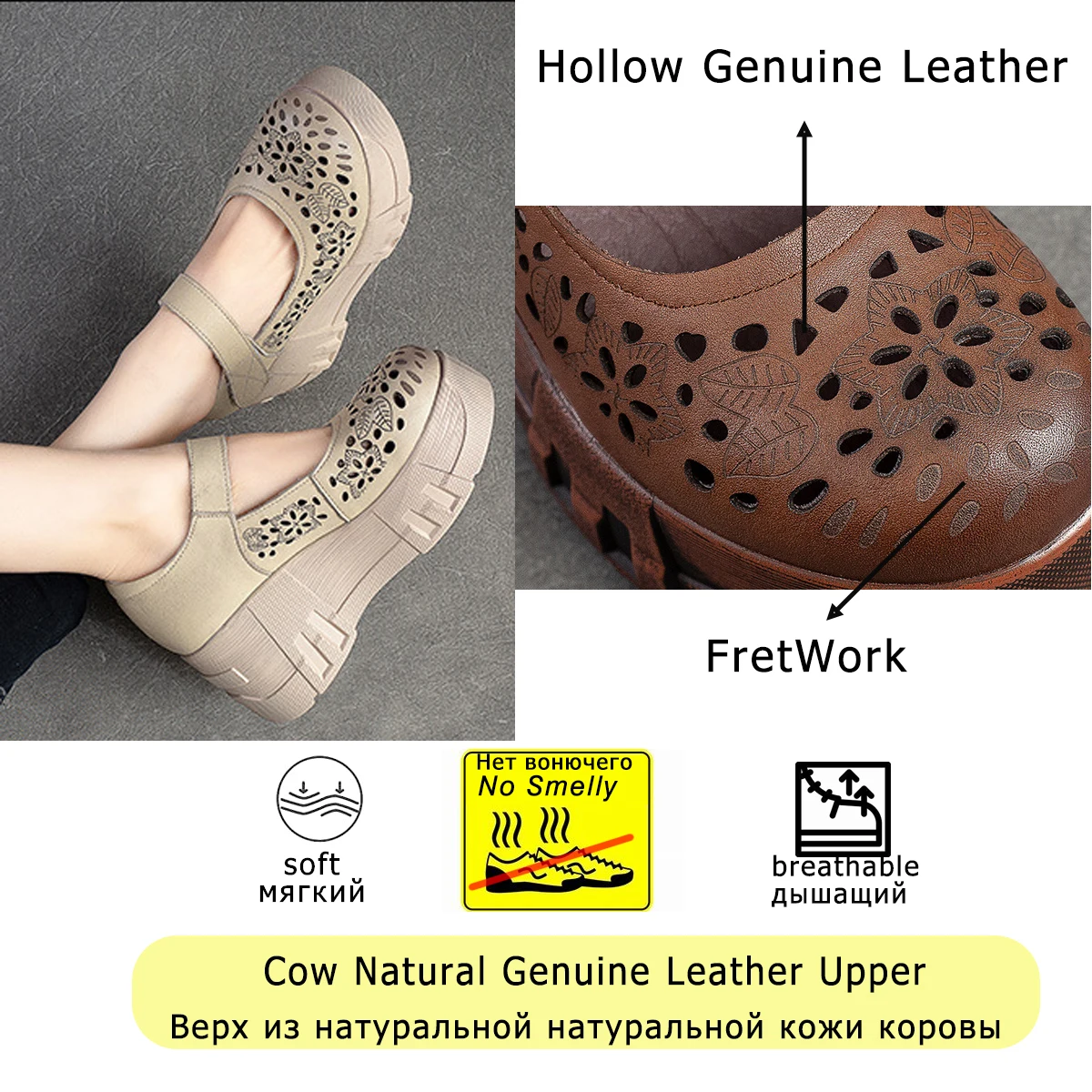 Koznoy Women Moccassin 7cm Round Toe Cow Genuine Leather Platform Wedge Hollow Female New Hook Fashion Summer Casual Print Shoes