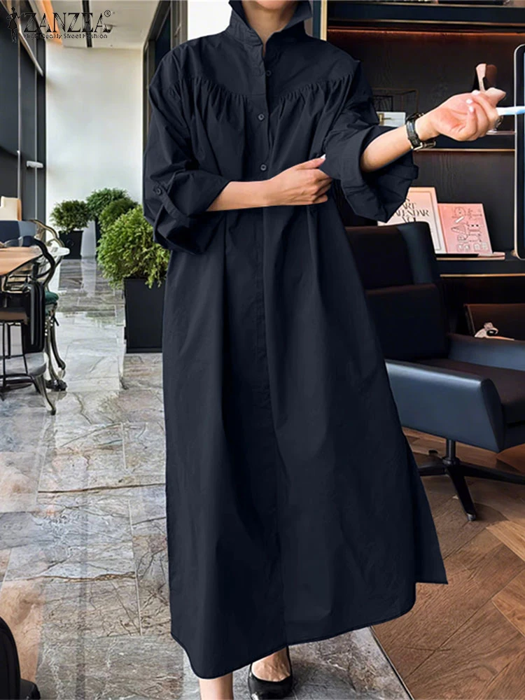 فستان قميص موضة الخريف من ZANZEA للنساء 2025 برقبة على شكل طية صدر وأكمام طويلة فستان صيفي ماكسي طويل رداء غير رسمي متين OL فساتين عمل فيستدو
