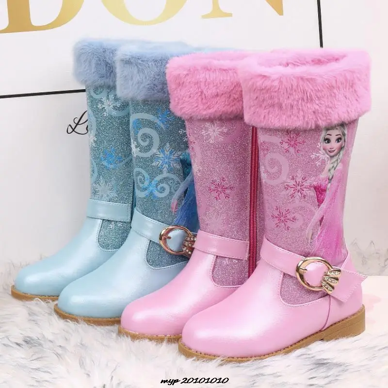 Disney Elsa Princess Long Boots Girls High-heeled Autumn And Winter Warm Boots Children Sequins Snow Shoes Frozen Boots Gift