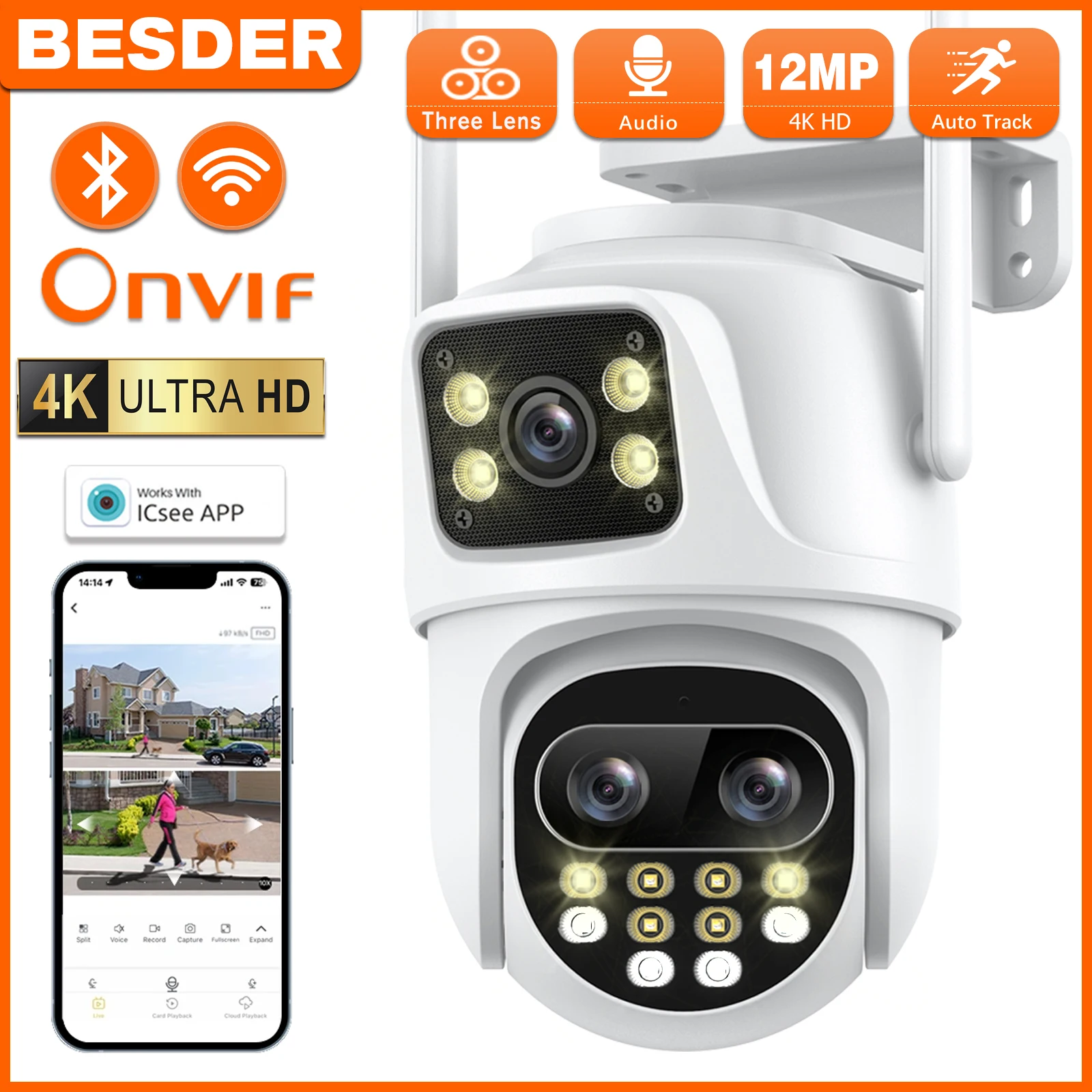 

BESDER 9MP PTZ Wifi IP Camera AI Human Detect iCSee CCTV Outdoor Wireless Surveillance Camera 8X Digital Zoom Security Cam