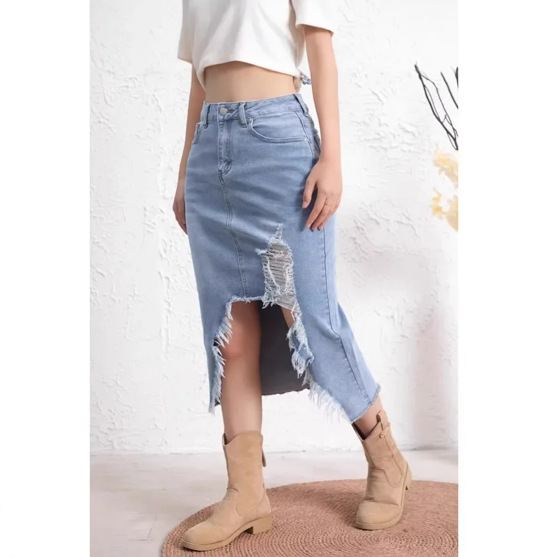 Ripped Destroyed Denim Skirts Women High Waist Slim Fit Bodycon Hips Pencil Long Skirt Elegant Plus Size S-5XL Faldas Mujer Moda