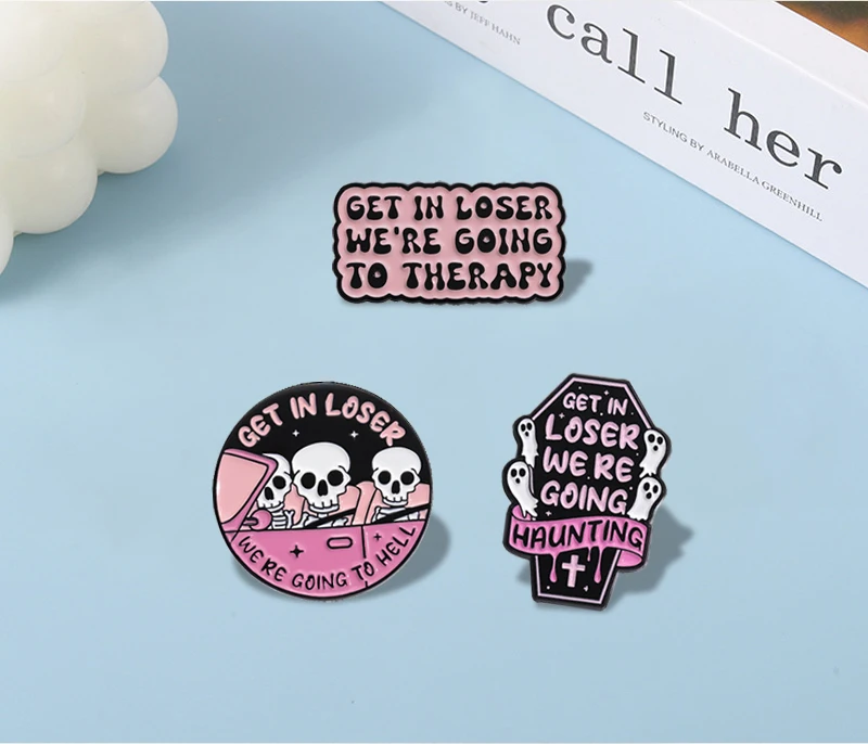 GET IN LOSER Enamel Pins Custom Halloween Skeleton Alien Brooches Lapel Badges Punk Jewelry Gift for Kids Friends