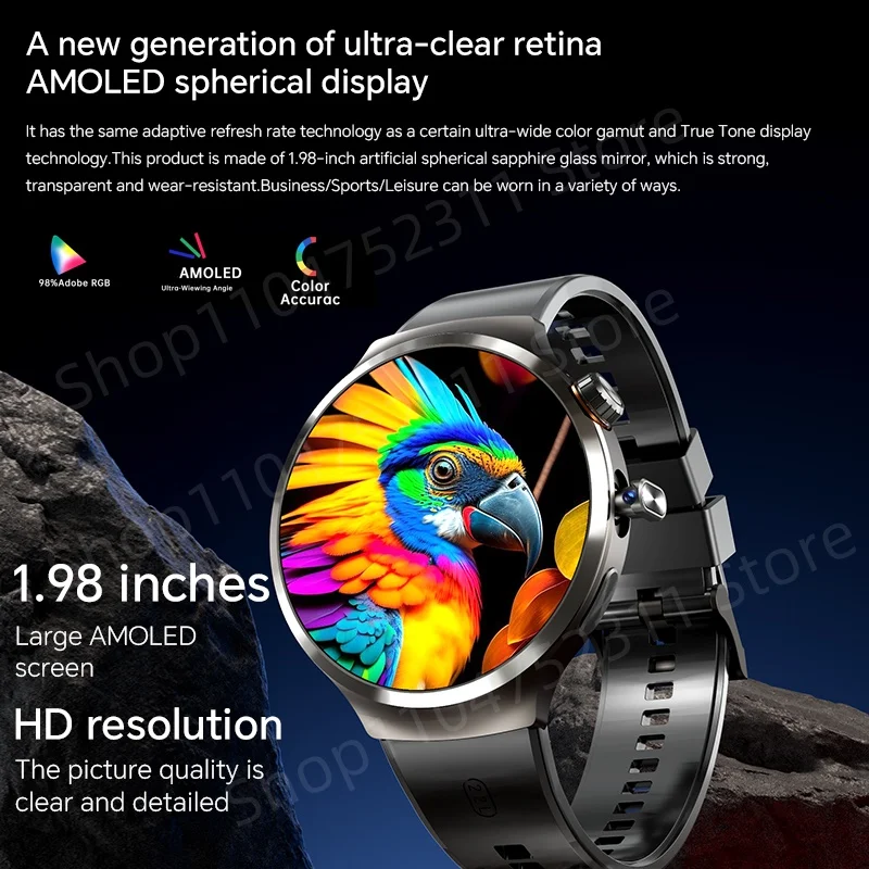 Smartwatch con ampio schermo Amoled da 1,98 pollici 210 °   Telecamera rotante Posizione GPS Monitoraggio sanitario Android 13.0 Smart Watch da uomo
