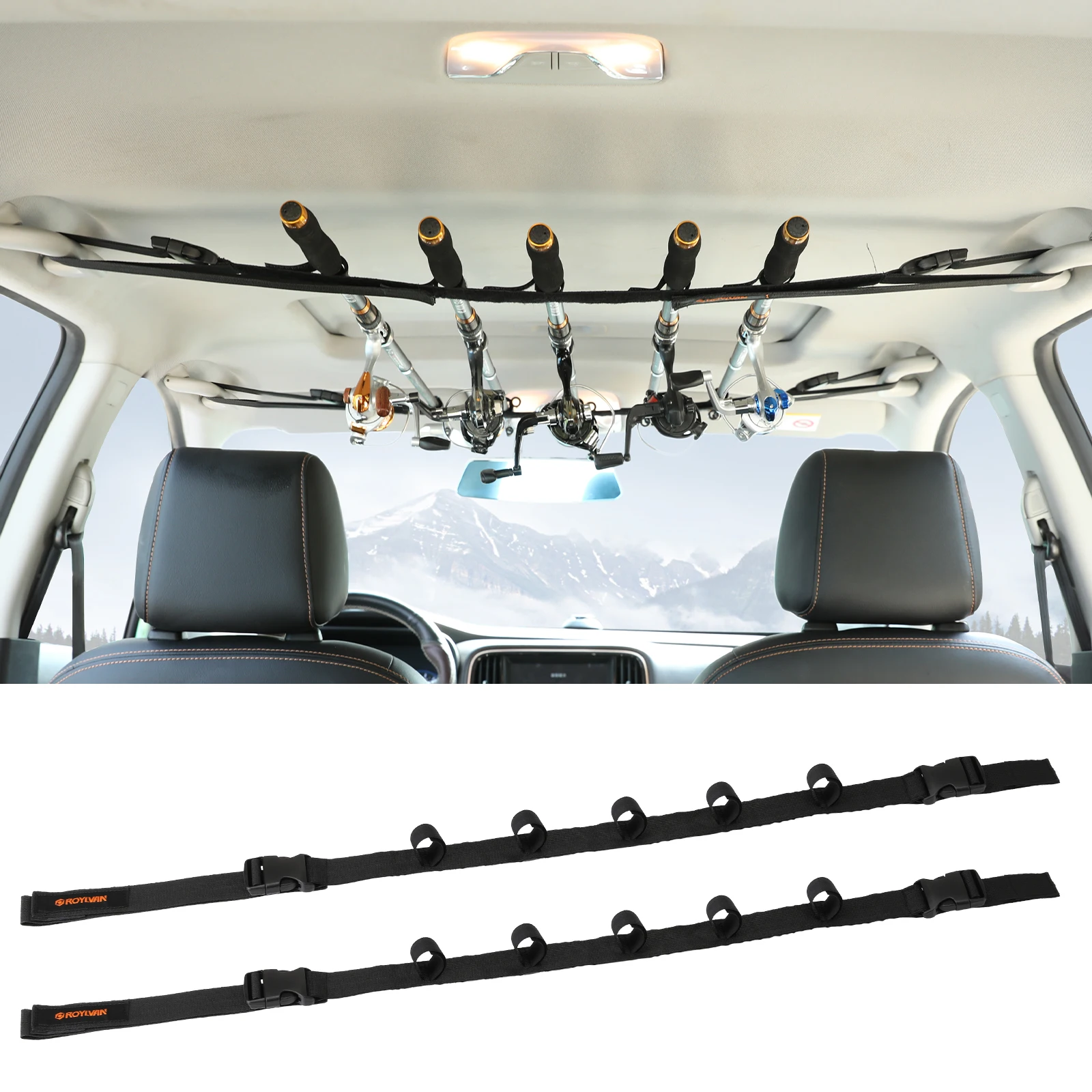 Roylvan 2 Pack Vehicle Fishing Rod Holder for Car, Fishing Pole Car Rack 5 Rods Capacity, Adjustable 30 to 54 Inches for all car