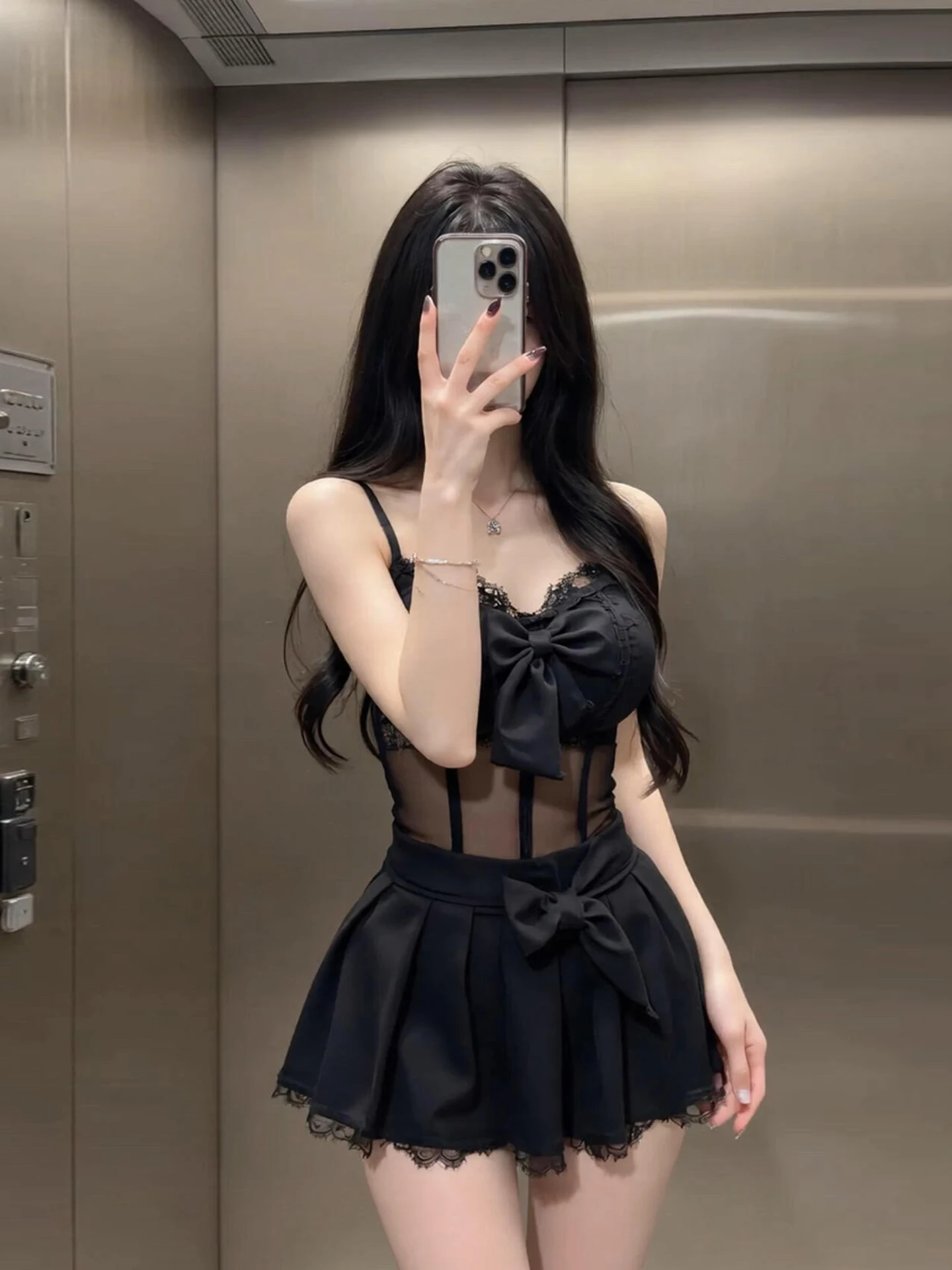 

XZY plus Size Sexy Lace Knot Strap Top And ort Skirt Set Women's Early Autumn Pleated Skirt Ensemble