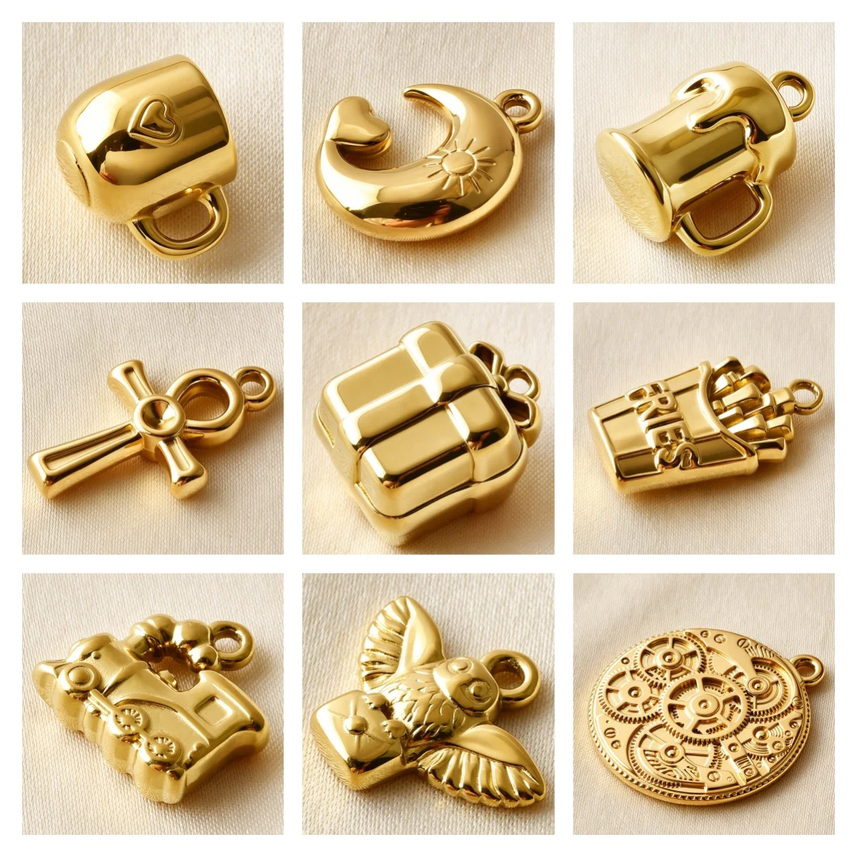 5Pcs Cute Love Mug Ankh Cross Gear Round Card 316 Stainless Steel Pendant Delicate French Fries Box Moon Pendants DIY Findings