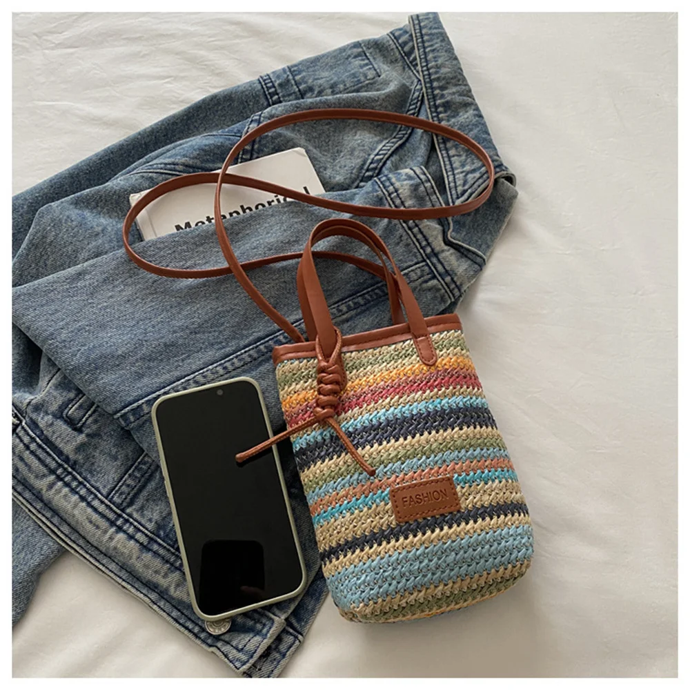 

Small Bag Women's Summer New Popular Versatile Contrasting Color Straw Messenger Bag Casual Fashion Shoulder Bucket Bag