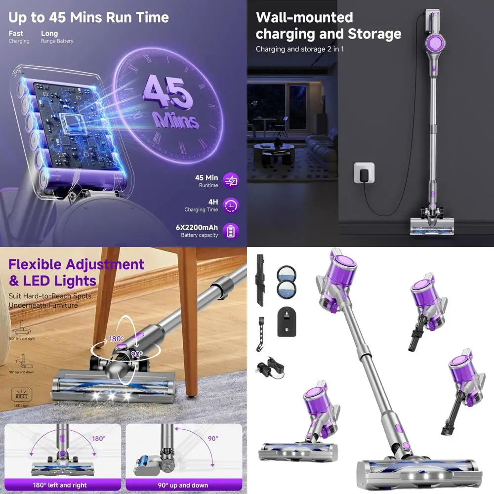 

Мощный беспроводной пылесос 38 кПа, 45-минутный аккумулятор, светодиодная щетка, 8-функциональный очиститель для дома и волос домашних животных, фиолетовый