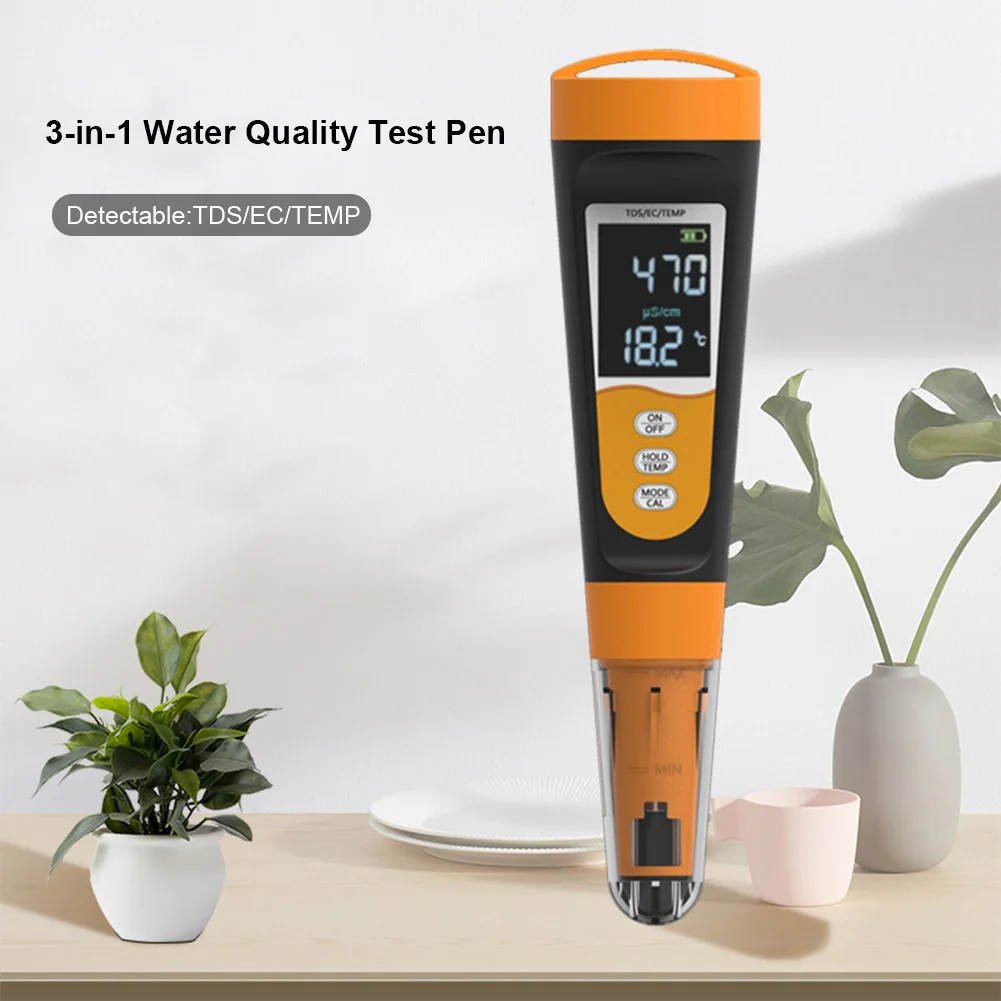 3-In-1 EC Conductivity Water Pen High Accuracy TDS Temperature and EC Meter 0-9999ppm for Drinking Water Aquariums Pool and More