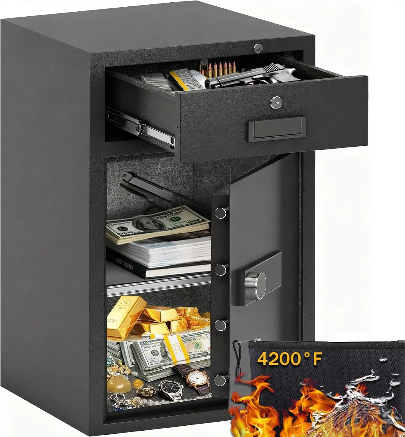 5.1Cuft Safe Box with Drawer and Fireproof Waterproof Bag, 3 Unlock Methods, Vibration Alert & Silent Mode, M oney box Safe for