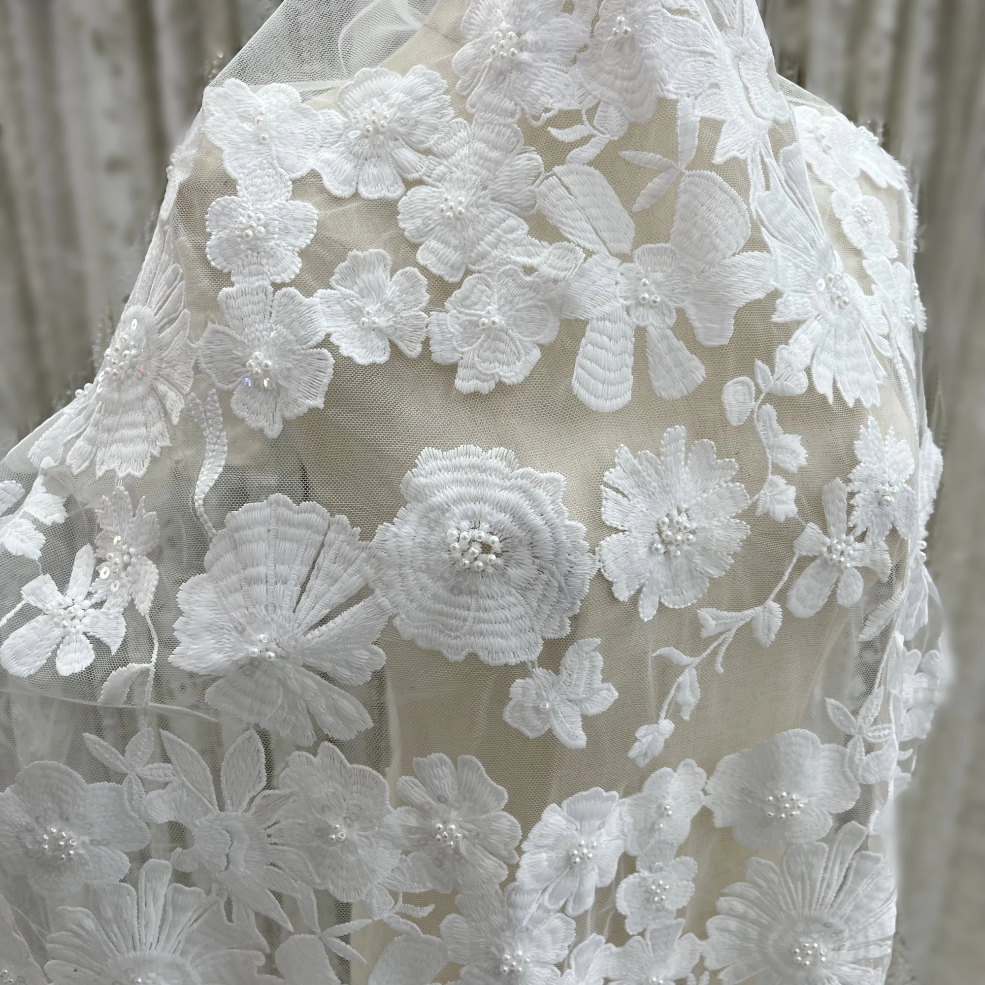 Exquisite Layered Embroidery Sequins Beads Lace Fabrics Wedding Dresses Custom Dress Design Fabrics