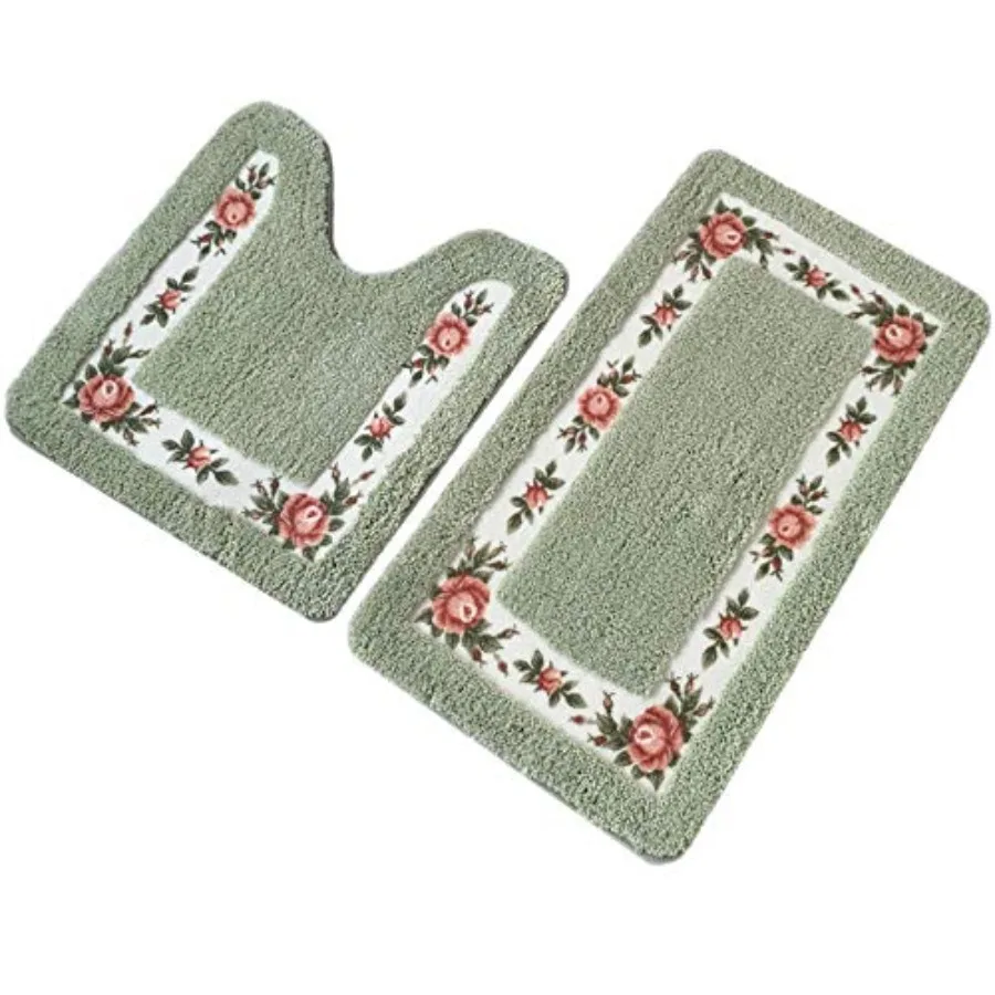 

Non-Skid Floral Rose Bathroom Contour Rugs Set of 2 Soft Shaggy Non Slip Bath Shower Mat and U-Shaped Toilet Floor Rugs