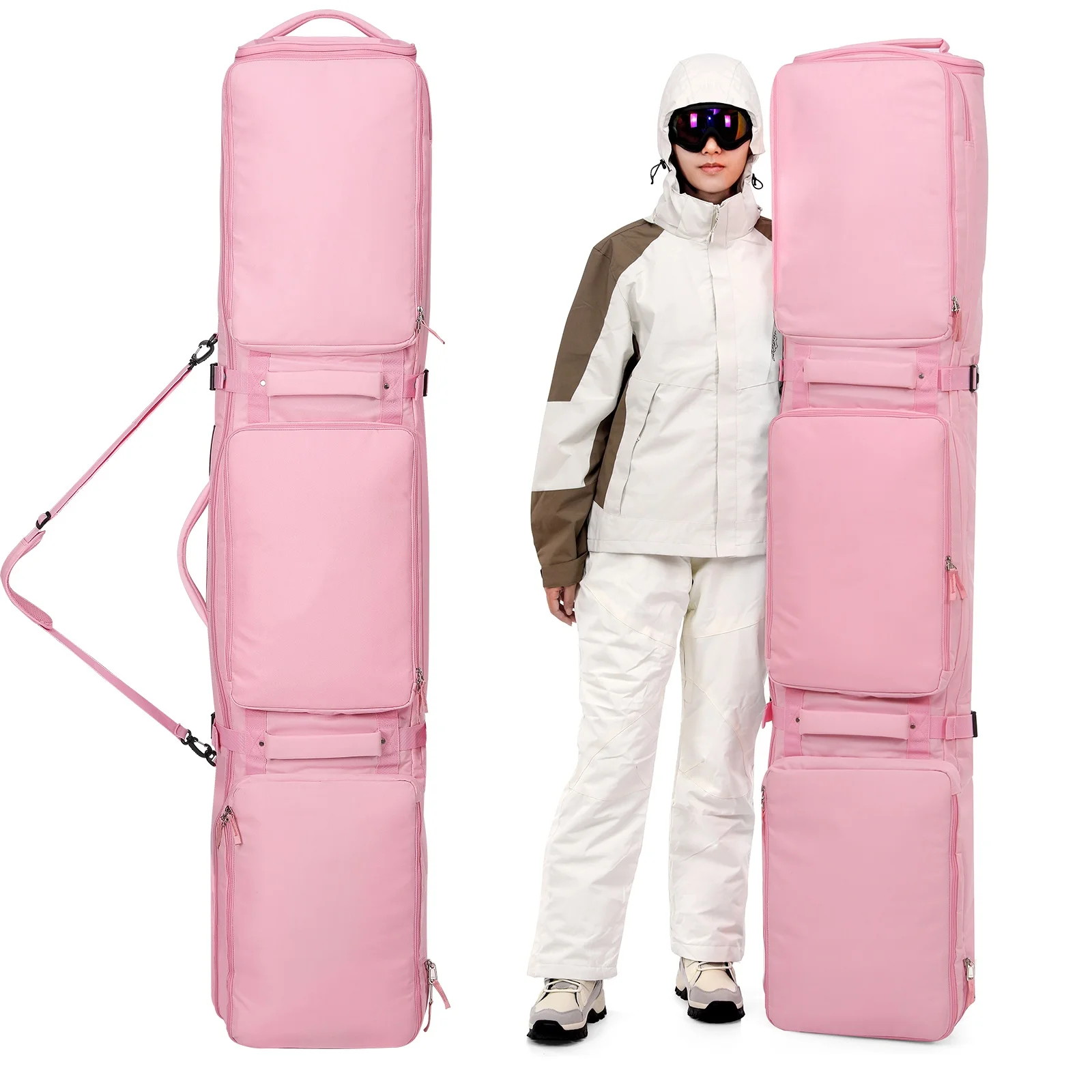 Pink/Black Skiing Bags with Rolling Wheel Padded Waterproof polyester 3 Separation Storage Adjustable Length Winter Snow Bags