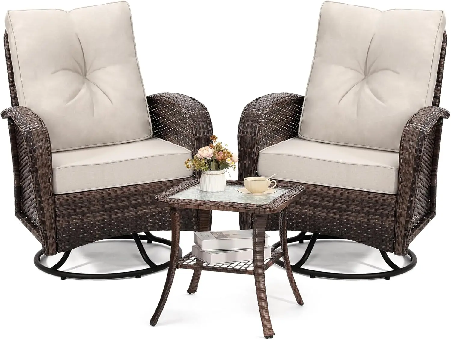 

2 Luxury Outdoor Swivel Wicker Glider Patio Chairs With Table Set, Overstuffed Washable Cushions, Ideal For Porch, Balcony,