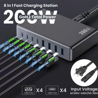 200W GaN USB Type C Charger 8 in 1 USBC Desktop Charger PD QC Fast Charging Charger Quick 8 Ports Charge For iPhone 16 15 14 13