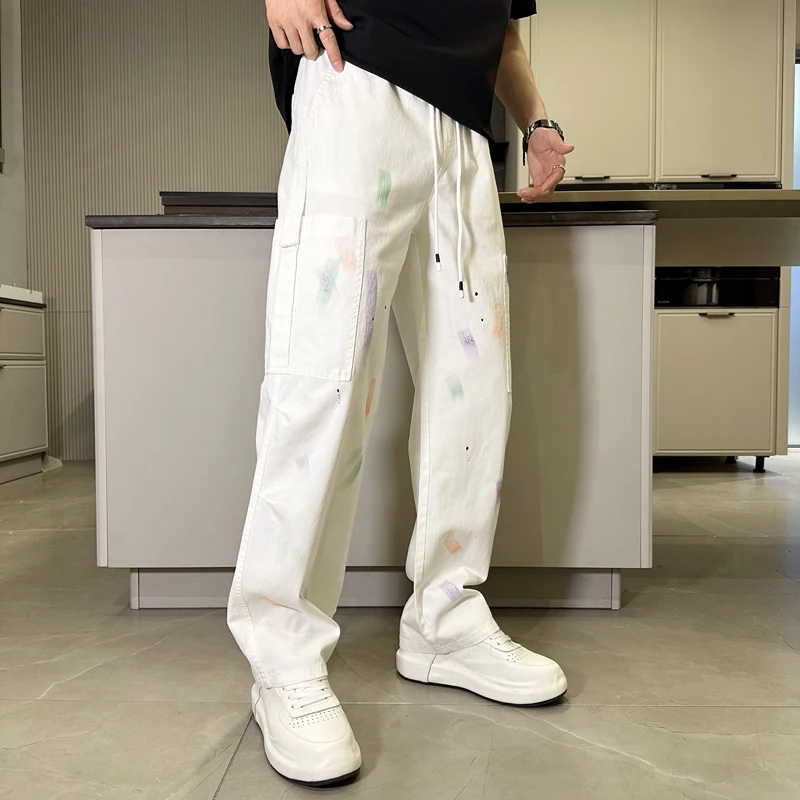 Pantalon cargo tendance pour homme, jogging blanc polyvalent, pantalon décontracté, vêtements surdimensionnés, été