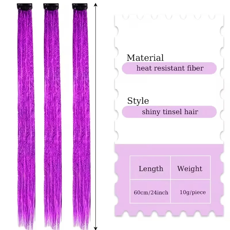Extensiones de cabello sintético de 24 pulgadas, juego de 3 piezas, con clips, largas y rectas, con mechas de colores para fiestas, para uso diario de mujeres 2