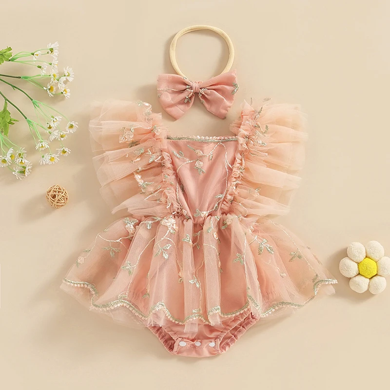 Infant Baby Girls Romper Dress Fly Sleeve Square-Neck Floral Embroidery Tulle Jumpsuit with Bow Headband